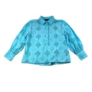 J.Crew Eyelet Popover Top Womens XS Cotton Aqua Blue Sheer Crochet Lace Blouse